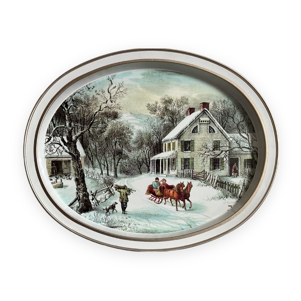 Vintage Currier And Ives The‎ American Homestead Winter Metal Serving Tray Oval